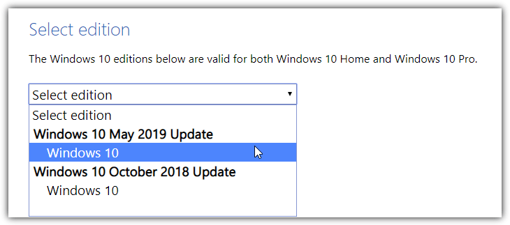Sélectionnez l'édition Windows 10