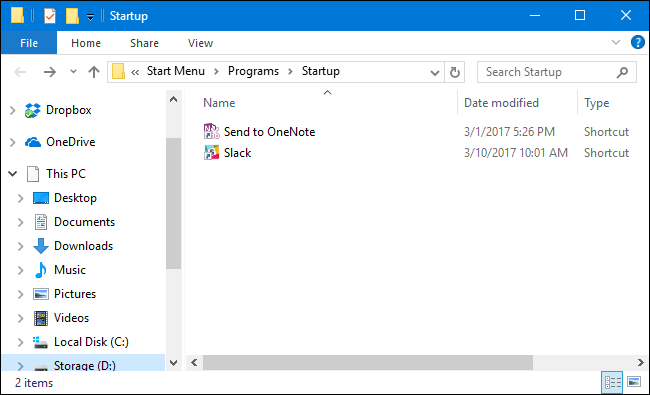 Dossier de démarrage de Windows 10