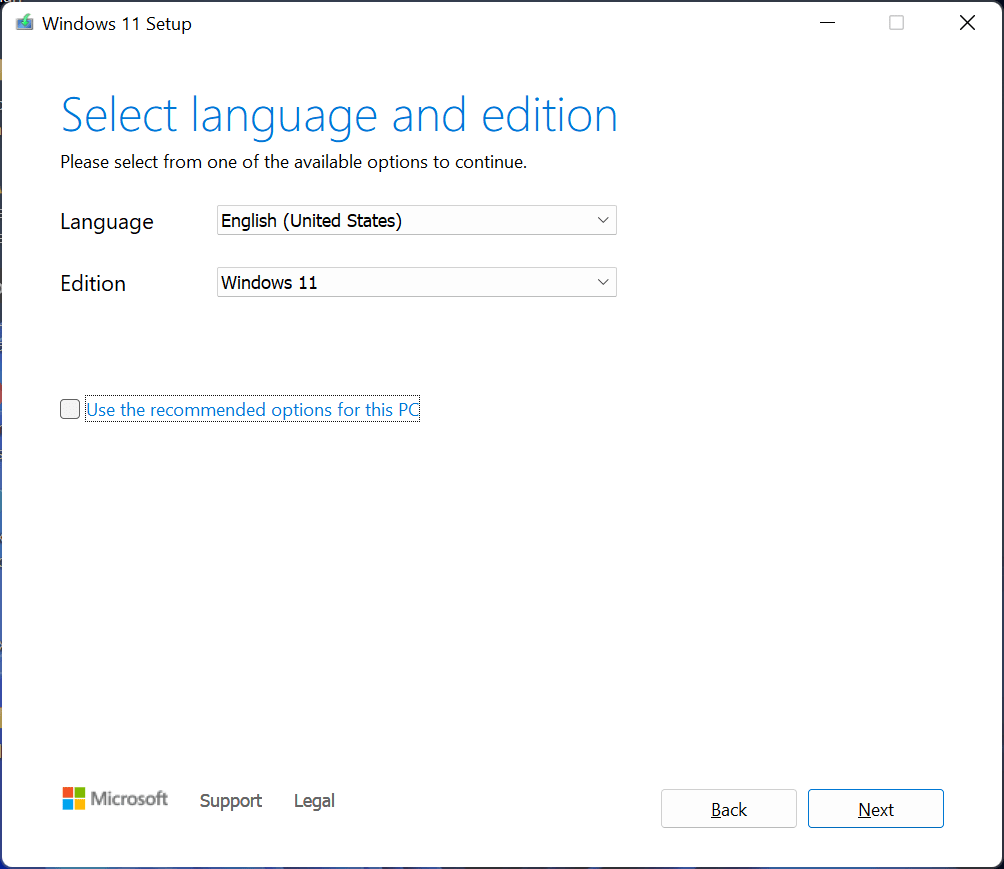 sélectionnez la langue et l'édition de Windows 11