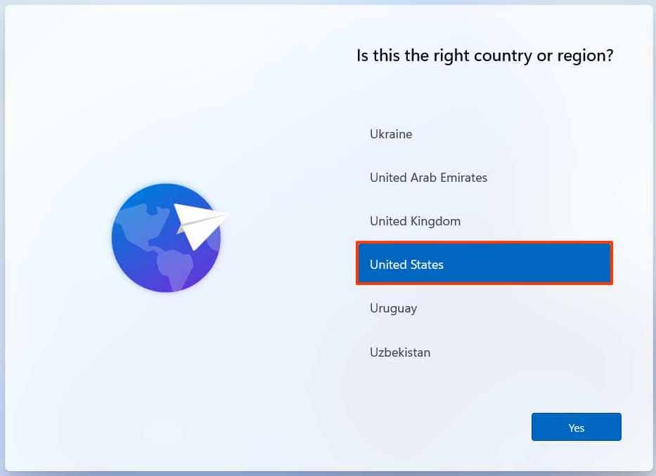 Windows 11 sélectionnez le pays ou la région