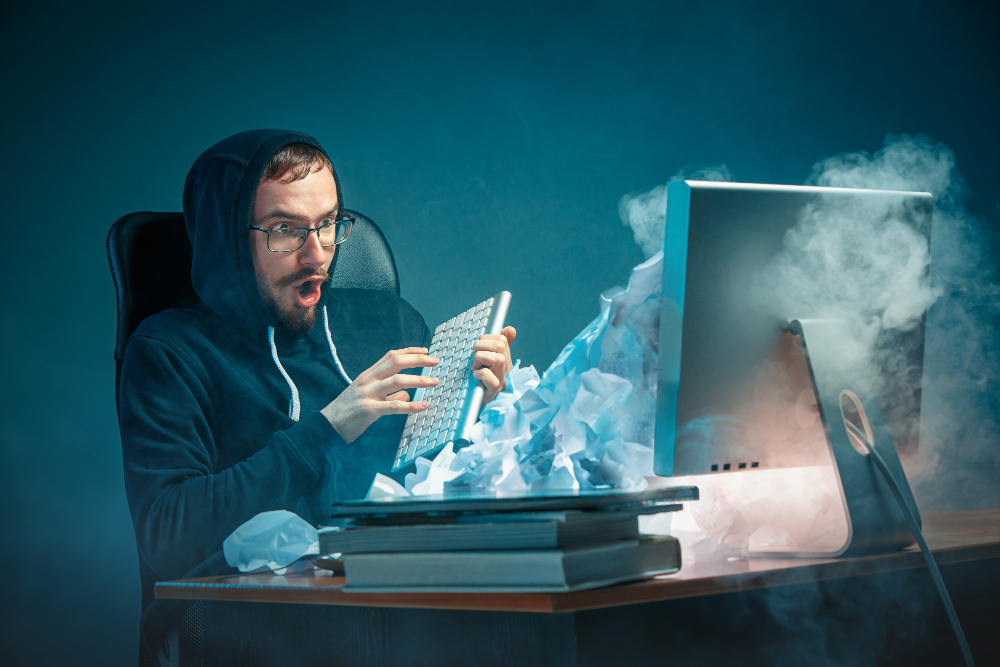 Un homme d'affaires travaillant au bureau dans un bureau moderne criant à l'écran d'un ordinateur portable et étant en colère contre le spam