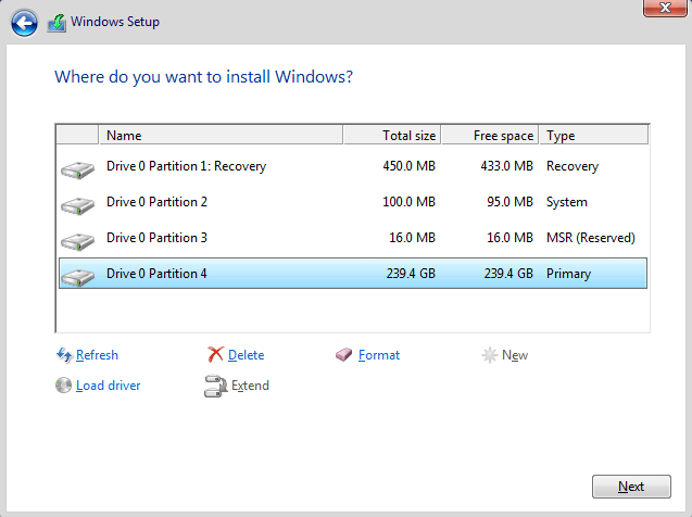 sélectionnez la partition pour installer le Windows 11