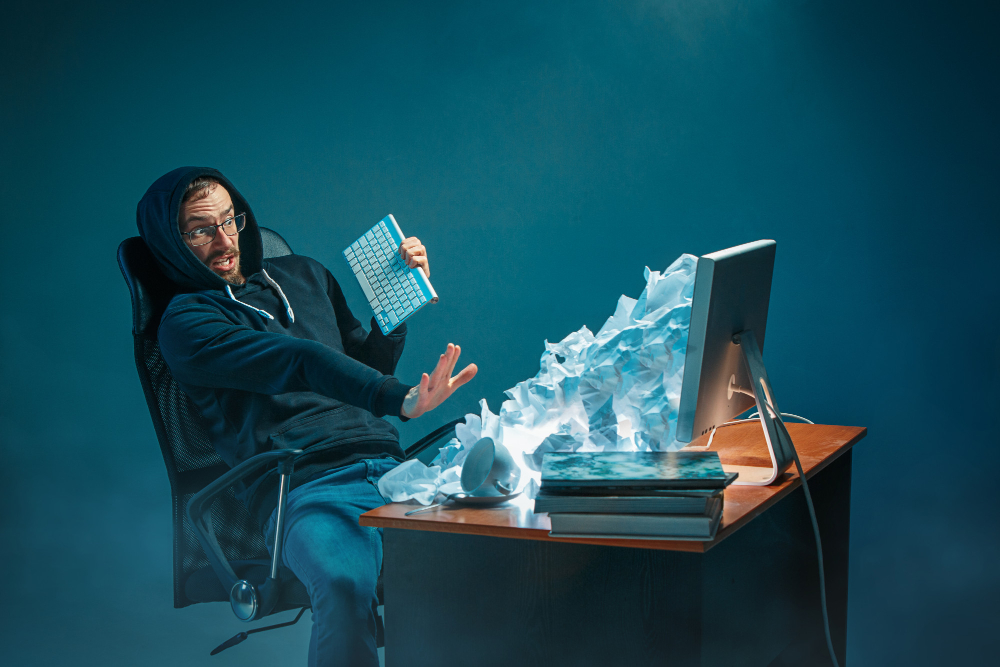 Homme d'affaires travaillant au bureau dans un bureau moderne criant à l'écran d'un ordinateur portable et étant en colère contre le spam