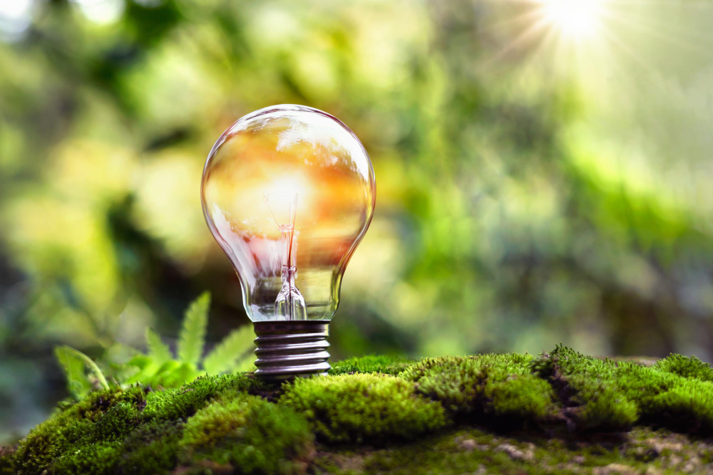 Ampoule sur l'herbe verte et la lumière du soleil dans la nature Concept d'économie d'énergie