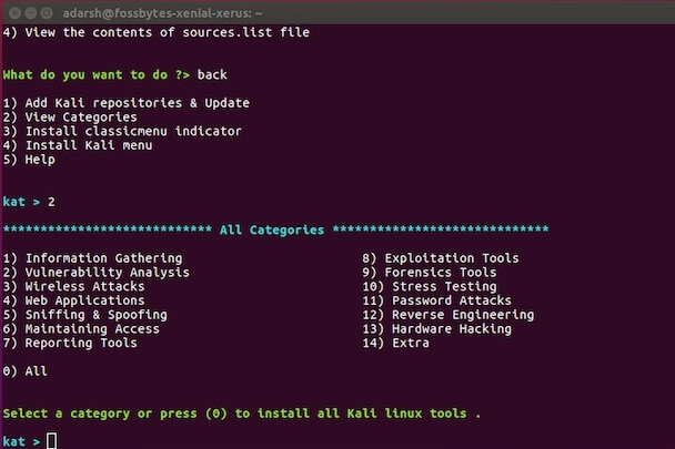 installer les catégories d'outils kali linux